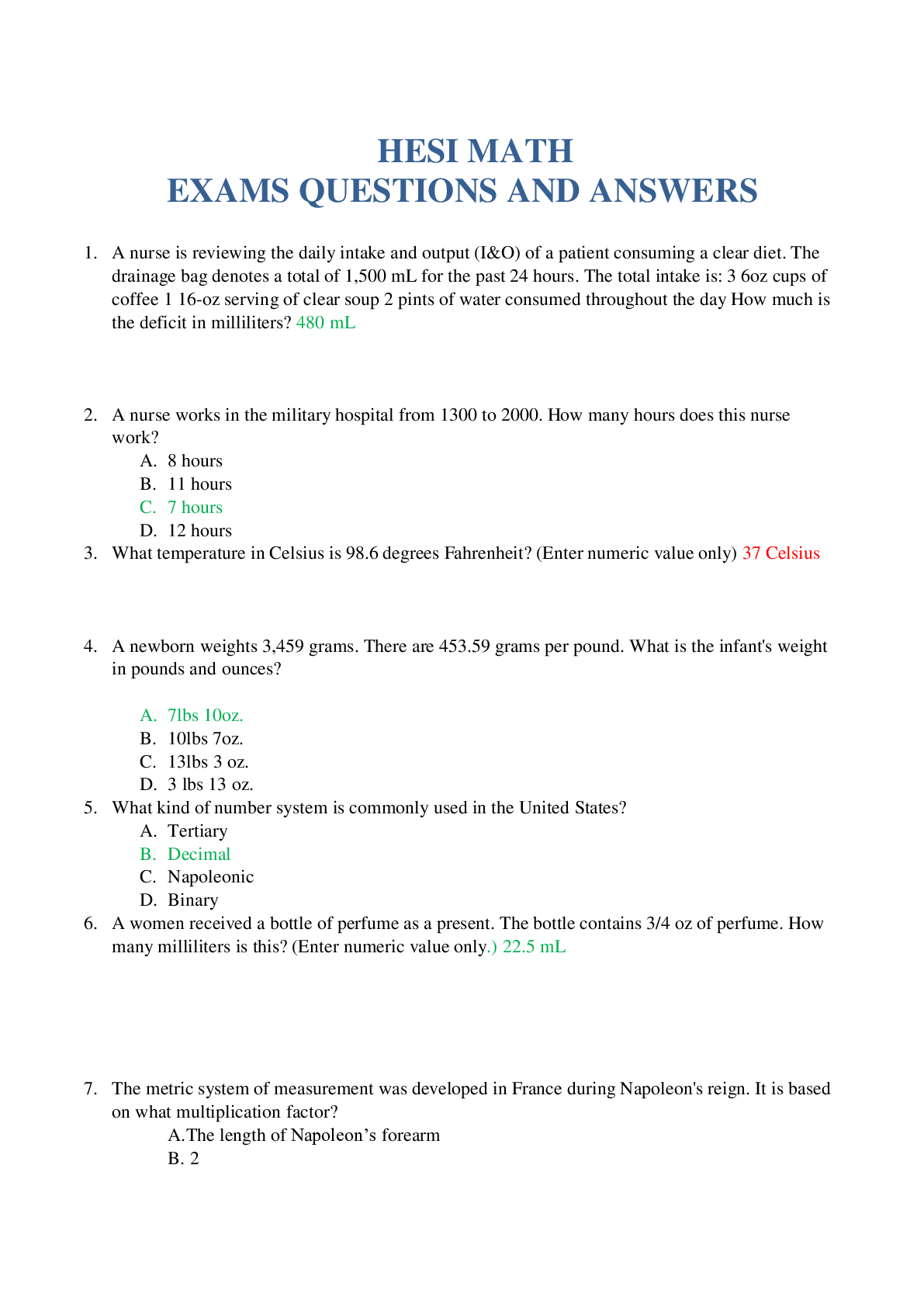 Preview image for HESI MATH EXAMS QUESTIONS AND ANSWERS